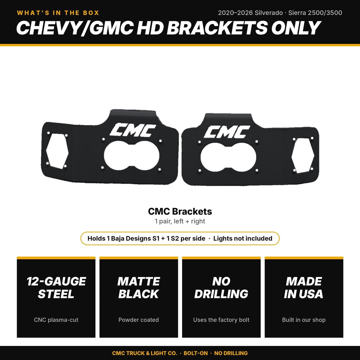 What's in the box: Chevy/GMC 2020-2026 2500/3500 HD Brackets Only